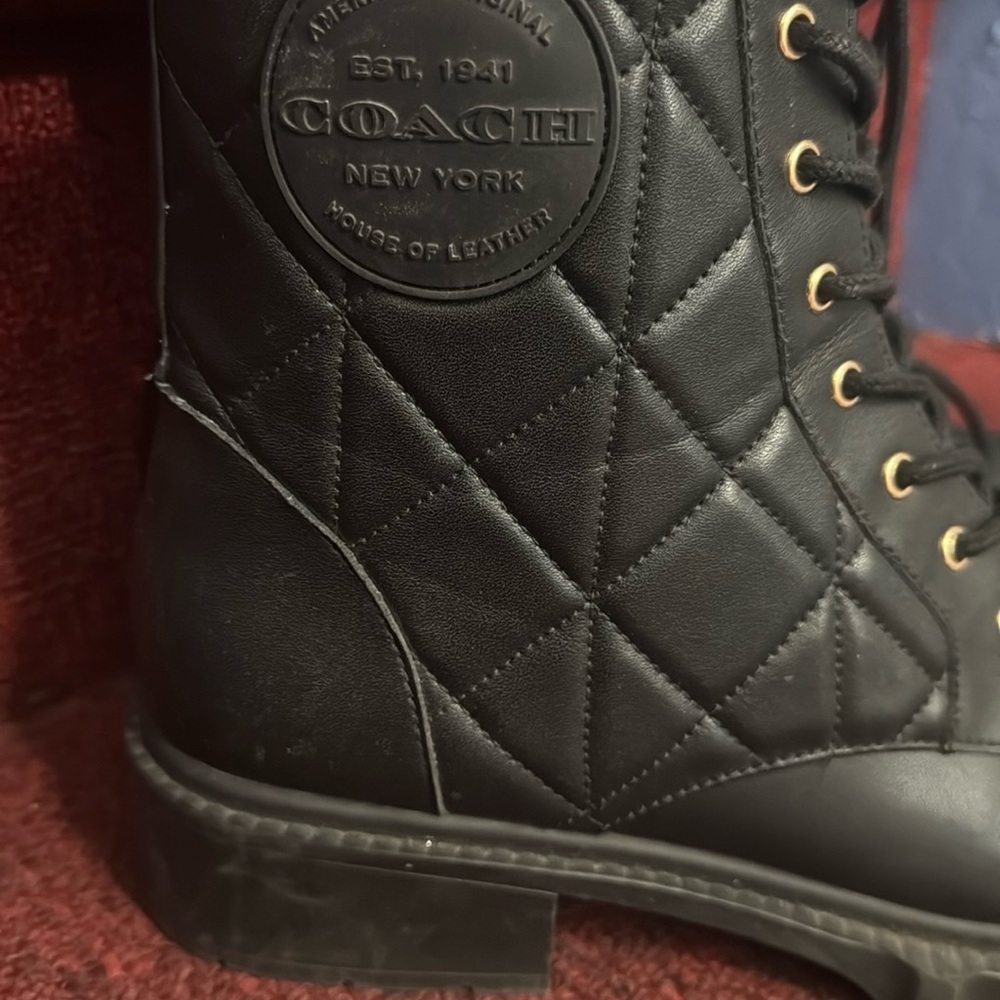 Coach Quilted Black Leather Boots with Gold Accents